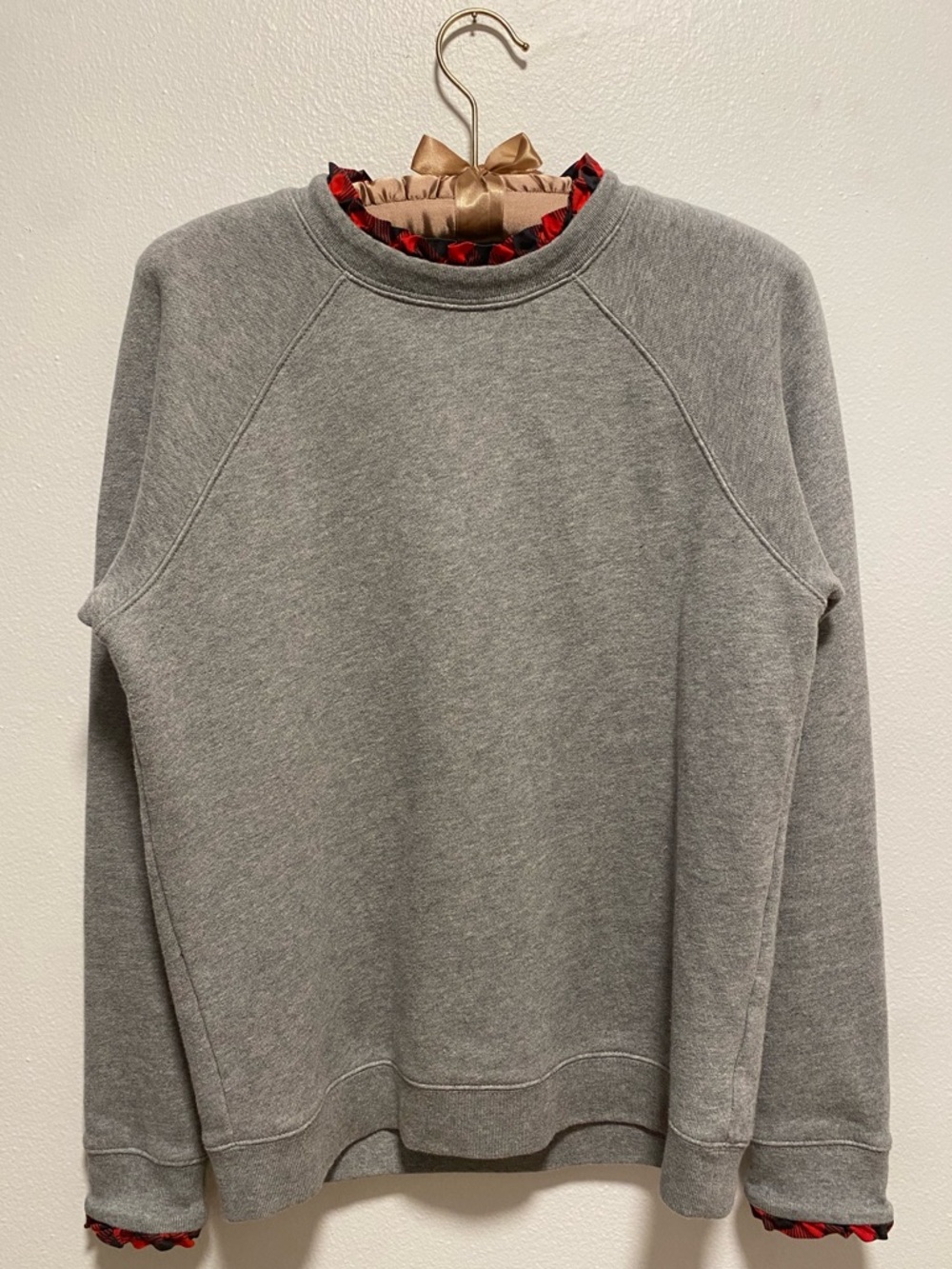 J. Crew Gray Crewneck Sweater with Red Plaid Trim
